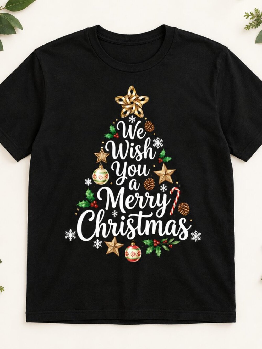 We Wish You A Merry Christmas Tree Script Womens T-Shirt Holiday Graphic Tee